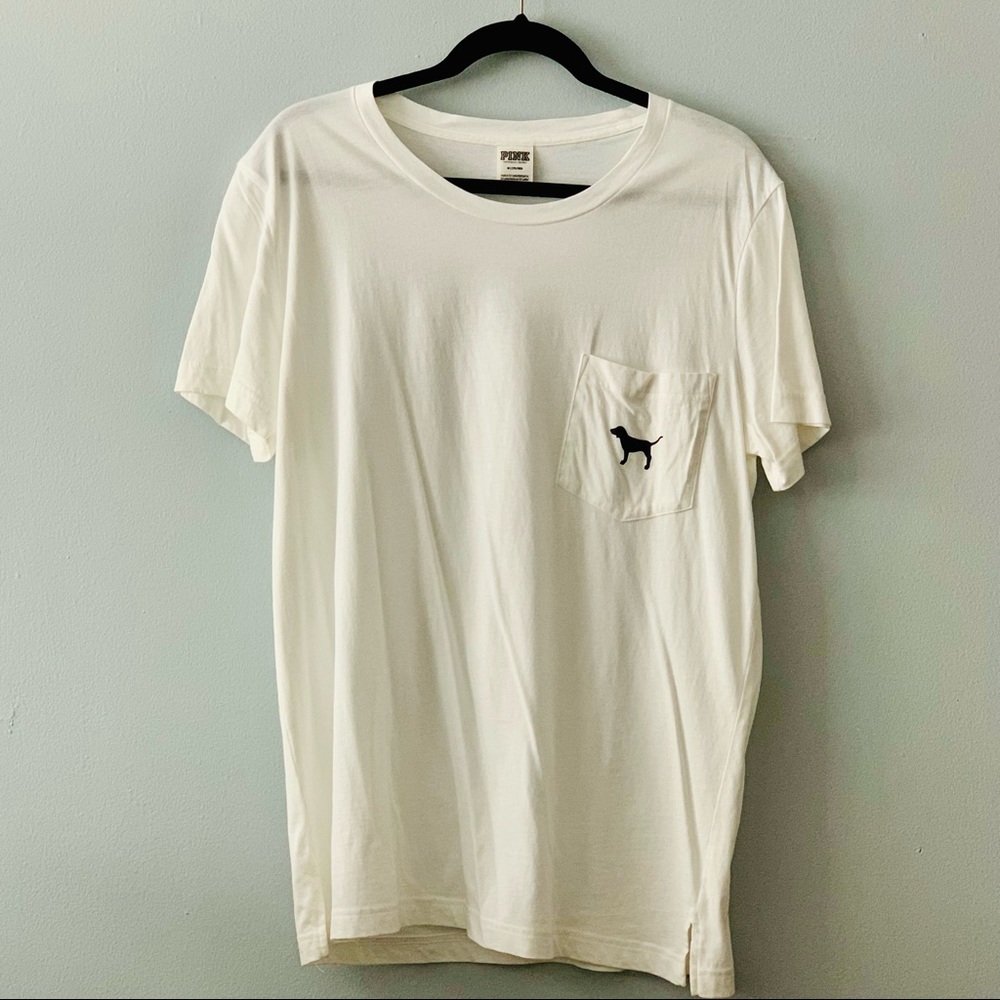 PINK White T-shirt with dog logo and front pocket